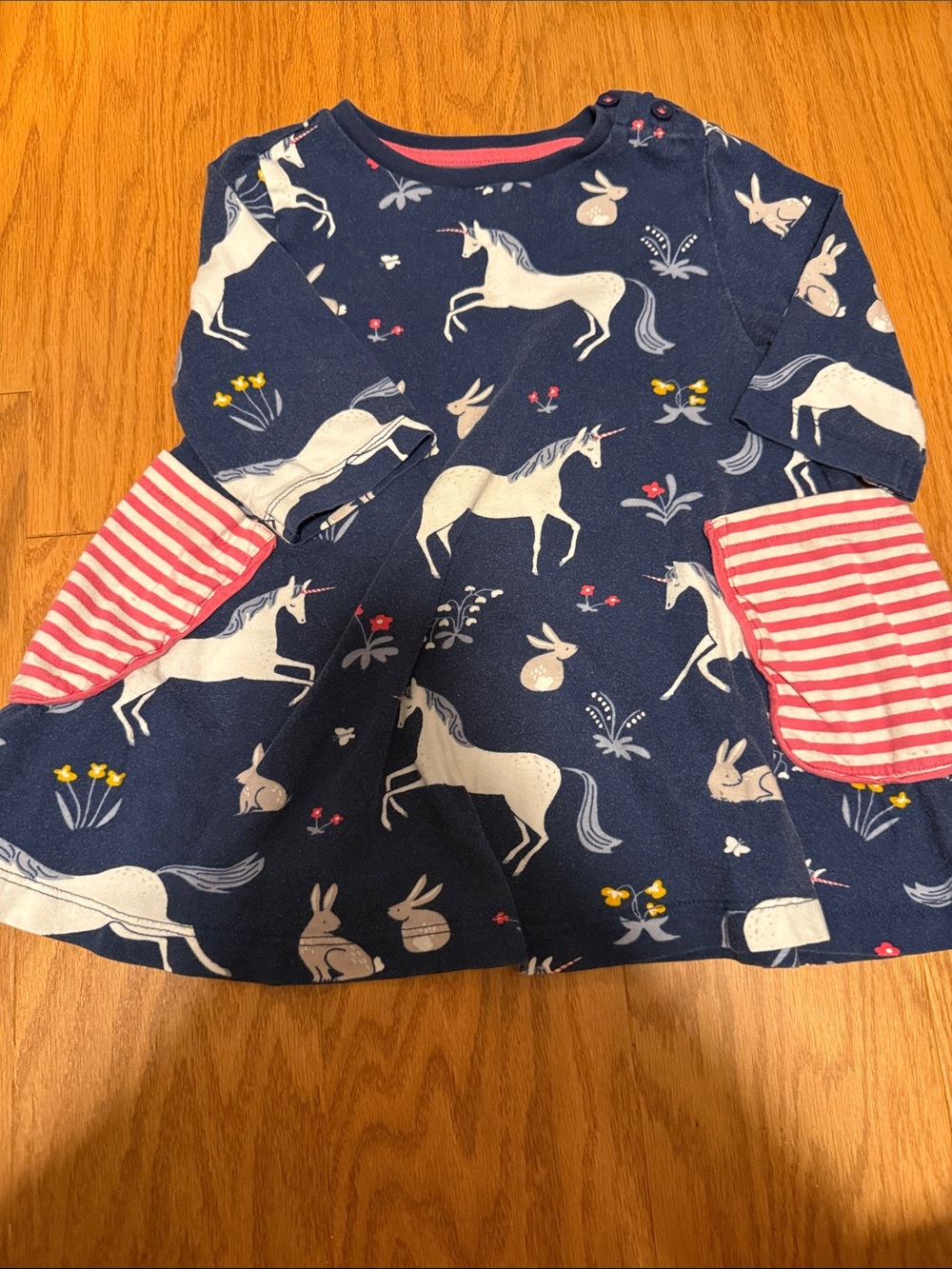 Mini Boden Navy Unicorn & Rabbit Long Sleeve Dress with Pink Stripe Pockets 2-3T